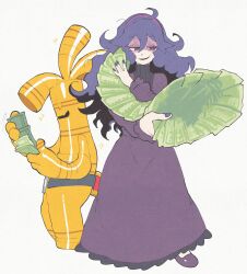  1girl closed_mouth dress full_body gholdengo hair_between_eyes hairband half-closed_eyes hex_maniac_(pokemon) highres holding holding_money inkerton-kun long_dress long_hair looking_at_object messy_hair money pokemon pokemon_(creature) purple_dress purple_hair purple_hairband purple_nails second-party_source shoes simple_background sparkle violet_eyes white_background 