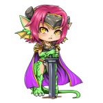  1girl armor breasts cape chibi claws cleavage dragon_girl dragon_tail full_body granberia horns mon-musu_quest! pauldrons planted_sword planted_weapon pointy_ears redhead scales simple_background solo sword tail tscbr weapon white_background yellow_eyes 