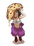 1girl baggy_shorts black_hair blush borrowed_character breasts cheese_trail cleavage food food_on_head galaxyspark highres inline_skates object_on_head original oversized_clothes pizza roller_skates roni_rollerblader short_hair shorts skates small_breasts solo suspenders topless 