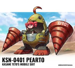  1girl ahoge black_shirt black_skirt blue_sky blush border bread chair chibi chibi_only clouds cup day drill drill_hair food hair_between_eyes highres holding holding_walkie-talkie kasane_teto kasane_teto_(voicepeak) letterboxed lever long_sleeves mesa mobile_suit ndacnhan open_mouth outdoors pearto red_eyes red_hair red_skirt shadow shirt simple_background skirt sky solo sound_wave twin_drills utau voicepeak walkie-talkie white_background white_border 