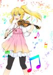  1girl :d blonde_hair blouse blue_eyes camisole camisole_over_clothes highres instrument k.k miyazono_kaori musical_note open_mouth ponytail school_uniform scrunchie shigatsu_wa_kimi_no_uso smile solo violin 