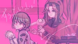  2girls absurdres blonde_hair brown_capelet capelet deerstalker hair_dryer hat heaven_burns_red highres irene_redmayne maria_de_angelis multiple_girls nun pink_theme red_eyes red_hair short_hair siromochino veil yellow_eyes 