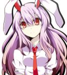  1girl animal_ears aru16 breasts crescent crescent_moon lavender_hair long_hair looking_up moon rabbit_ears red_eyes reisen_udongein_inaba shirt simple_background solo touhou white_background white_shirt 