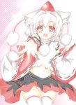  1girl animal_ears bare_shoulders blush breasts fang hat highres inubashiri_momiji looking_at_viewer midriff mound_of_venus navel open_mouth panties pantyshot pom_pom_(clothes) red_eyes short_hair silver_hair solo thigh-highs tokin_hat touhou underwear white_legwear wolf_ears 