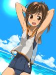  1girl armpits arms_behind_head arms_up breasts brown_eyes brown_hair clouds dutch_angle i-401_(kantai_collection) kantai_collection navel ocean ponytail school_swimsuit school_uniform serafuku shiden-raiden sideboob sky smile solo swimsuit swimsuit_under_clothes water 