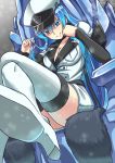  1girl akame_ga_kill! blue_eyes blue_hair boots breasts cleavage crossed_legs esdeath hat large_breasts long_hair looking_at_viewer military military_uniform peaked_cap seraphwia smile thigh-highs thigh_boots uniform very_long_hair 