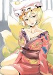  1girl alternate_costume blonde_hair breasts cleavage collarbone come_hither floral_print fox_tail hat hat_with_ears japanese_clothes kimono kimono_lift large_breasts multiple_girls obi sash sinzan sitting smile solo tail touhou yakumo_ran yellow_eyes 