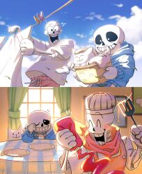 2boys 2koma annoying_dog apron basket blue_jacket chef_hat closed_eyes comic cooking dog grin hat highres holding holding_basket holding_bottle holding_spatula hollow_eyes jacket ketchup male_focus multiple_boys noah_(rokoroko) one_eye_closed papyrus_(undertale) plate sans_(undertale) shirt silent_comic skeleton sleepy smile spatula sweat teeth undertale white_shirt window