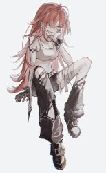  1girl ;p armband bandaged_leg bandages belt black_armband black_gloves black_pants bracelet breasts collarbone gloves hair_over_one_eye highres jewelry kumagai_yuka long_hair looking_at_viewer medium_breasts messy_hair midriff one_eye_closed pants playing_sports red_eyes red_hair shoe_buckle single_glove sitting smile sports_bra tongue tongue_out torn_clothes torn_pants white_background white_belt white_sports_bra wrist_cuffs 