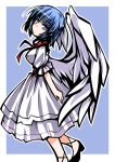  1girl angel_wings blue_eyes blue_hair from_side hemogurobin_a1c looking_to_the_side mai_(touhou) mary_janes shoes short_hair solo touhou touhou_(pc-98) wings 