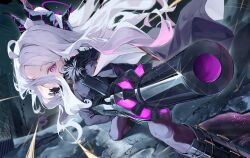  1girl ahoge aiming battle black_boots black_coat black_halo black_jacket blue_archive boots buttons coat coat_on_shoulders collared_jacket demon_horns diu1 feet_out_of_frame fur-trimmed_coat fur_trim glint gold_buttons gold_trim gun hair_behind_ear hair_over_one_eye halo high_ponytail highres hina_(blue_archive) holding holding_gun holding_weapon horns jacket knee_boots long_hair long_sleeves machine_gun mg42 multicolored_coat night outdoors parted_bangs ponytail projectile_trail rifling slit_pupils solo squatting very_long_hair violet_eyes wavy_hair weapon white_coat white_hair 