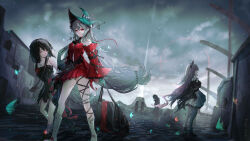  3girls 3others absurdres angelfish aqua_gloves aqua_hat arknights artist_name ascot bag bare_shoulders bird black_ascot black_dress boots breasts building closed_eyes closed_mouth clothing_cutout detached_sleeves dress dutch_angle fish full_body gloves grey_hair hair_between_eyes hair_ornament hair_ribbon hat highres holding holding_bag irene_(arknights) leaning_forward leg_ribbon lens_flare long_hair long_sleeves looking_at_viewer medium_breasts multiple_girls multiple_others navel_cutout official_alternate_costume outdoors pointy_hat profile pupingai red_dress red_eyes red_sleeves ribbon scenery shoulder_bag skadi_(arknights) skadi_the_corrupting_heart_(arknights) smile solo standing torn_clothes tropical_fish very_long_hair walking 