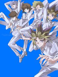  1girl 5boys absurdres bakura_ryou black_hair blonde_hair blue_background brown_hair group_picture highres jacket jonouchi_katsuya kaiba_seto long_hair mazaki_anzu medium_hair multicolored_hair multiple_boys muto_yugi pants pink_hair shirt simple_background skmkst spiky_hair violet_eyes white_jacket white_pants white_shirt yami_yugi yu-gi-oh! yu-gi-oh!_duel_monsters 