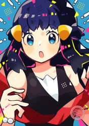  1girl :o anidler91 black_shirt blue_background blue_eyes blue_hair bracelet commentary_request hair_ornament half_updo highres hikari_(pokemon) jewelry long_hair looking_at_viewer no_sclera open_mouth pokemon pokemon_dppt red_scarf scarf shirt solo split_mouth unworn_scarf upper_body 