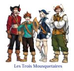  4boys :d aoihon aramis_(three_musketeers) athos beard black_hair blue_eyes boots brown_eyes brown_hair cape closed_eyes copyright_name d&#039;artagnan facial_hair french gloves green_eyes hat hat_feather highres holding holding_hat long_hair male multiple_boys mustache open_mouth porthos rapier scabbard sheath smile sword the_three_musketeers thigh-highs thigh_boots weapon white_hair 