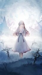  1girl absurdres backlighting black_ribbon dress ender_lilies_quietus_of_the_knights grass grave highres jewelry lily_(ender_lilies) long_hair multicolored_hair necklace red_eyes red_hair reinca_3 ribbon solo standing tomb white_dress white_hair 