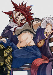  1girl animal_ears blue_coat blue_pants boots breasts brown_boots brown_hair coat commentary corn_dog crossed_legs ear_piercing food frown grey_background grey_sports_bra highres holding holding_food horse_ears horse_girl horse_tail jewelry jose_(joseeidossei) long_sleeves looking_at_viewer medium_breasts medium_hair midriff navel_piercing off_shoulder open_mouth pants piercing ring sharp_teeth shoulder_tattoo sitting solo sports_bra tail tattoo teeth thief_crow_(umamusume) torn_clothes torn_pants umamusume umamusume:_cinderella_gray yellow_eyes 