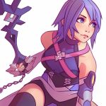  1girl aqua_(kingdom_hearts) bare_shoulders black_legwear blue_eyes blue_hair blush detached_sleeves fingerless_gloves gloves ilya_kuvshinov keyblade kingdom_hearts kingdom_hearts_birth_by_sleep lips short_hair simple_background smile solo thigh-highs white_background 