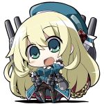  1girl atago_(kantai_collection) black_gloves blonde_hair blush breasts chibi gloves green_eyes gun hat kantai_collection large_breasts long_hair looking_at_viewer military military_uniform naval open_mouth pantyhose smile solo uniform weapon 