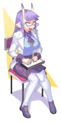  1girl animal_ears black_nails blue-framed_eyewear blunt_bangs breasts chair controller earrings eyeshadow full_body game_controller glasses highres hoop_earrings indie_virtual_youtuber inkerton-kun jewelry long_sleeves makeup newbula_(vtuber) open_mouth pantyhose purple_eyeshadow purple_hair second-party_source semi-rimless_eyewear shoes simple_background sitting skirt solo sweat v-shaped_eyebrows white_pantyhose 