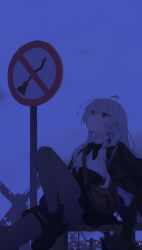  1girl absurdres ahoge bag black_bow black_bowtie black_robe black_skirt blue_eyes blurry bow bowtie closed_mouth commentary_request depth_of_field elaina_(majo_no_tabitabi) grey_hair hair_between_eyes high-waist_skirt highres knee_up long_hair looking_up majo_no_tabitabi night night_sky on_railing open_clothes open_robe railing road_sign robe shirt shoes shoulder_bag sign skirt sky smile solo white_shirt wiersa witch 
