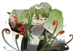  1boy ascot black_ascot closed_eyes collared_shirt green_hair green_jacket green_nails hair_bun highres holding holding_paint_palette jacket lapels library_of_ruina male_focus netzach_(project_moon) paint_palette painting_(action) project_moon shirt simple_background solo toeiki_c upper_body white_background white_shirt 