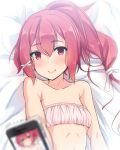 1girl artist_name bare_arms bare_shoulders bed bikini blush cellphone dated hair_ribbon highres i-168_(kantai_collection) kantai_collection long_hair micro_bikini phone red_eyes redhead ribbon self_shot shuuichi smile solo swimsuit