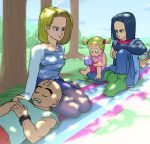  2boys 2girls android_17 android_18 blonde_hair blue_eyes child doll dragon_ball dragon_ball_z family father_and_daughter kuririn marron mother_and_daughter multiple_boys multiple_girls picnic shade short_hair sleeping smile uncle_and_niece 