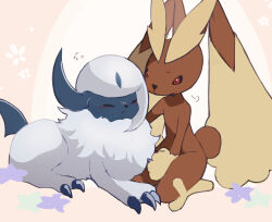  1other absol animal_ears animal_nose black_sclera body_fur brown_fur claws closed_mouth colored_sclera commentary_request fluffy flying_sweatdrops furry highres kneeling looking_at_another lopunny lying neck_fur no_feet on_stomach other_focus partial_commentary pointy_ears pokemon pokemon_(creature) puff_of_air rabbit_ears rabbit_tail red_eyes seiza short_hair short_tail sidelocks sitting souji_touban tail two-tone_fur white_hair yellow_fur 