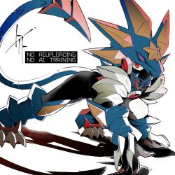  1boy all_fours armor black_bodysuit blue_armor blue_helmet bodysuit gregar_(mega_man) helmet highres looking_at_viewer male_focus mask mega_man_(series) mega_man_battle_network_(series) mega_man_battle_network_6 megaman.exe mouth_mask netnavi red_eyes solo to_i_to_io watermark 