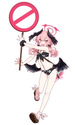  1girl ankle_ribbon bikini black_bikini black_wings blue_archive blush bow feathered_wings floral_print front-tie_bikini_top front-tie_top full_body halo head_wings holding holding_sign ideolo koharu_(blue_archive) koharu_(swimsuit)_(blue_archive) leg_ribbon long_hair looking_at_viewer low_twintails low_wings navel official_alternate_costume open_mouth pink_eyes pink_hair pink_halo print_bikini ribbon road_sign sandals sign solo spaghetti_strap swimsuit twintails wings 