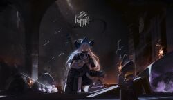  2girls absurdres aqua_gloves aqua_hat arknights artist_name ascot black_capelet black_dress black_hat capelet chromatic_aberration closed_eyes closed_mouth coif cross dress fire full_body gloves grey_ascot grey_hair hair_between_eyes hat highres hip_vent holding indoors logo long_hair long_sleeves looking_up multiple_girls nun parted_lips pointy_hat red_eyes scenery shirt shoulder_strap sitting skadi_(arknights) slumped specter_(arknights) thigh-highs unconscious very_long_hair water white_hair wide_shot zettai_ryouiki zuosi_zhichu 