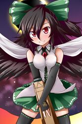  1girl adapted_costume arm_cannon bird_wings black_hair black_sun blush bow breast_squeeze breasts cape collared_shirt constricted_pupils elbow_gloves fingerless_gloves gloves hair_bow highres long_hair looking_at_viewer miniskirt mono_(mono60) radiation_symbol red_eyes reiuji_utsuho skirt sleeveless sleeveless_shirt smile solo sun thigh-highs third_eye touhou weapon wings 