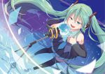  1girl aira_(exp) blue_eyes boots detached_sleeves floating_hair globe green_hair hand_on_own_chest hatsune_miku headphones highres long_hair microphone microphone_stand necktie open_mouth singing skirt solo thigh-highs thigh_boots twintails very_long_hair vocaloid wading water 