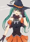  1girl gloves green_eyes green_hair halloween hat hatsune_miku head_tilt long_hair open_mouth ringomaru simple_background skirt solo twintails vocaloid witch_hat 