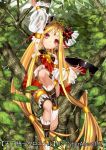  1girl barefoot blonde_hair forehead_jewel long_hair looking_at_viewer nakasaki_hydra official_art pointy_ears red_eyes sitting smile solo tenka_touitsu_chronicle tree very_long_hair 