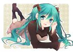 1girl dress green_hair hatsune_miku long_hair lying on_stomach ryuuga_sazanami scrunchie socks solo twintails vocaloid 