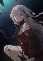  1girl absurdres air_bubble aqua_gloves arknights ascot bare_shoulders black_ascot breasts brh bubble clothing_cutout dark_background detached_sleeves dress feet_out_of_frame fish gloves gradient_background grey_hair hair_between_eyes hair_ornament hair_ribbon highres leg_ribbon long_hair long_sleeves looking_to_the_side medium_breasts navel_cutout official_alternate_costume red_dress red_eyes red_sleeves ribbon shadow sitting skadi_(arknights) skadi_the_corrupting_heart_(arknights) solo tropical_fish underwater very_long_hair 