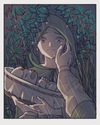  1boy 2girls aged_down baby basket border brown_eyes brown_hair child cloak closed_eyes closed_mouth commentary_request crying crying_with_eyes_open dragon_quest dragon_quest_xi eleanor_(dq11) furrowed_brow green_cloak hand_on_another's_cheek hand_on_another's_face hero_(dq11) holding_baby hood hood_up leaf long_sleeves looking_at_viewer martina_(dq11) mother_and_son multiple_girls open_mouth parent_and_child purple_hair rain suika_(user_szay2543) tears white_border 