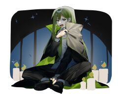  black_cape black_jacket black_pants black_shoes black_suit brown_eyes candle cape collared_shirt dress_shirt fangs green_hair green_nails green_necktie highres jacket lobotomy_corporation long_hair mystical_high_collar necktie netzach_(project_moon) pants project_moon shirt shoes sitting suit toeiki_c vampire white_shirt 