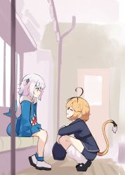  2girls absurdres ahoge black_hair black_shoes blonde_hair blue_eyes blue_hair blue_hoodie closed_eyes closed_mouth commentary dooby_(vtuber) english_commentary fins fish_tail gawr_gura gawr_gura_(1st_costume) highres hololive hololive_english hood hoodie indie_virtual_youtuber jerboa_tail medium_hair multicolored_hair multiple_girls namiorii open_mouth shark_girl shark_tail shoes smile socks streaked_hair tail thighs two-tone_hair virtual_youtuber white_hair white_shoes white_socks yellow_tail 