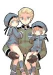  axis_powers_hetalia blonde_hair blue_eyes brown_eyes brown_hair carrying cowboy_shot crossover germany_(hetalia) hat iron_cross kantai_collection military military_uniform sailor_collar sailor_hat short_hair simple_background tobi_(one) uniform white_background z1_leberecht_maass_(kantai_collection) z3_max_schultz_(kantai_collection) 