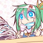  1girl blue_eyes bow crazy crazy_eyes crazy_smile daiyousei dress eating green_hair hair_bow hair_ribbon kuresento mouth_hold panties panties_in_mouth ribbon short_hair side_ponytail sketch smile solo touhou underwear wings 