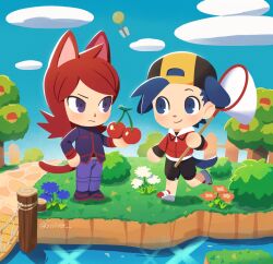  2boys animal_crossing animal_crossing_(style) animal_ears backwards_hat balloon baseball_cap black_eyes black_hair blue_pants blue_sky box butterfly_net cat_boy cat_ears cat_tail cherry chibi chueog closed_mouth day dog_boy dog_ears dog_tail ethan_(pokemon) food fruit gift gift_box grey_eyes hand_net hat highres holding holding_butterfly_net hood hooded_jacket jacket kemonomimi_mode long_hair long_sleeves looking_at_another male_focus multiple_boys outdoors pants pokemon pokemon_adventures red_hair red_jacket short_hair silver_(pokemon) sky smile standing tail tree 