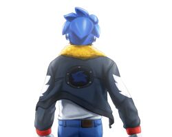 1boy cosplay from_behind gloves jacket joeadok leather leather_jacket male_focus shirt simple_background solo sonic_(series) sonic_man sonic_the_hedgehog sonic_the_hedgehog_(2006) sonic_the_hedgehog_(cosplay) white_background white_gloves white_shirt 