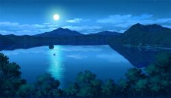  bird clouds cloudy_sky commentary_request full_moon goose hariken highres lake moon mountain night night_sky no_humans original sky tree water 