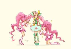  2girls boots bow braid butterfly_hair_ornament cure_blossom cure_felice dress flower flower_brooch full_body green_shoes hair_bow hair_flower hair_ornament hanami_kotoha hanasaki_tsubomi heartcatch_precure! high_heel_boots high_heels high_ponytail juliet_sleeves knee_boots kneeling leg_ribbon long_hair long_sleeves looking_at_another magical_girl mahou_girls_precure! multiple_girls pink_boots pink_dress pink_hair ponytail precure puffy_short_sleeves puffy_sleeves ribbon shoes short_sleeves simple_background standing twin_braids very_long_hair white_background yuu13 