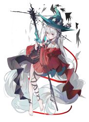  1girl absurdres angelfish aqua_gloves aqua_hat arknights ascot bare_shoulders barefoot black_ascot breasts closed_mouth clothing_cutout detached_sleeves dress fish floating floating_hair full_body gloves hair_between_eyes hair_ribbon hat highres holding holding_staff leg_ribbon long_hair long_sleeves low-tied_long_hair navel_cutout off-shoulder_dress off_shoulder official_alternate_costume pointy_hat red_dress red_eyes red_sleeves ribbon shuxiuxiao simple_background skadi_(arknights) skadi_the_corrupting_heart_(arknights) solo staff tropical_fish very_long_hair white_background white_hair 