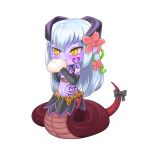  1girl alisfieze_fateburn_xvi bare_shoulders chibi dumpling eating elbow_gloves flower gloves hair_flower hair_ornament horns lamia long_hair mon-musu_quest! monster_girl navel pointy_ears purple_skin scales simple_background solo tail_bow tattoo tscbr very_long_hair white_background white_hair yellow_eyes 