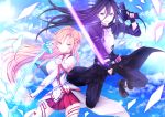  1girl asuna_(sao) black_eyes black_hair breastplate brown_eyes brown_hair detached_sleeves dual_wielding energy_sword fingerless_gloves five-seven_(gun) fkfkfkfkrhdm gloves gun handgun kirito kirito_(sao-ggo) long_hair pistol sword sword_art_online thighhighs trap weapon yuuki_asuna 